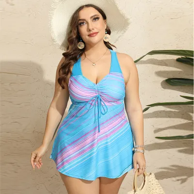 Plus Size Women Sexy Stripe Printed Tankini Swimsuit Set