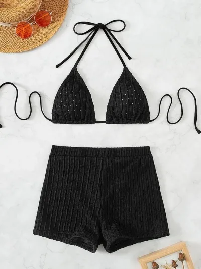 Women Fashion Solid Color Tankini Swimsuit Set