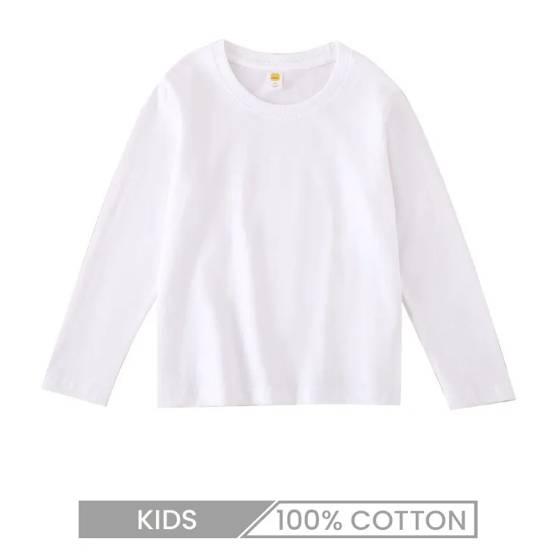 Kids Children 200gsm White Crew Neck Long Sleeve 100% Cotton Custom T-Shirt