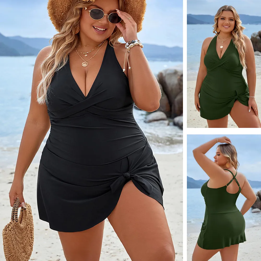 Women Fashion Plus Size Solid Color Cross Deep V Tankini Swimsuit Set