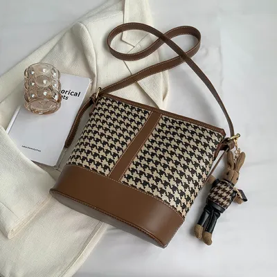 Women Houndstooth Canvas Cartoon Pendant Bucket Shoulder Bag