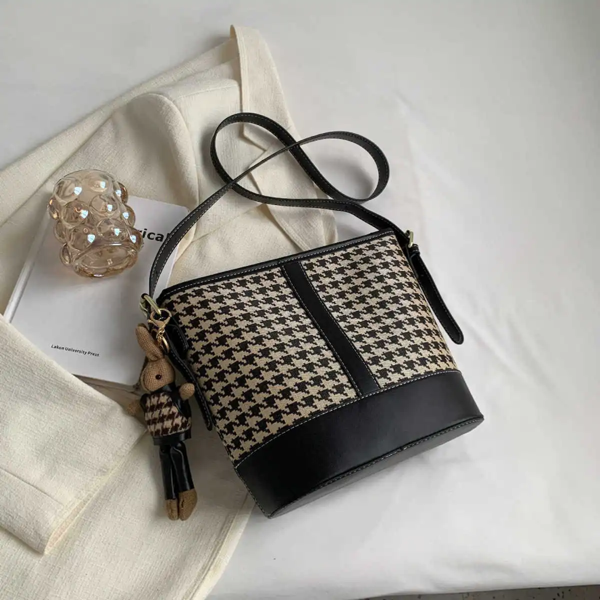 Women Houndstooth Canvas Cartoon Pendant Bucket Shoulder Bag