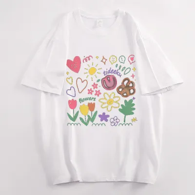 Summer Women's Cartoon Flower Graffiti Print Loose Fit Cotton Crewneck Short Sleeve T-Shirt