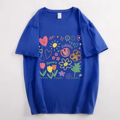 Summer Women's Cartoon Flower Graffiti Print Loose Fit Cotton Crewneck Short Sleeve T-Shirt