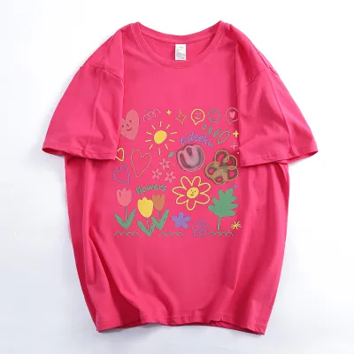 Summer Women's Cartoon Flower Graffiti Print Loose Fit Cotton Crewneck Short Sleeve T-Shirt
