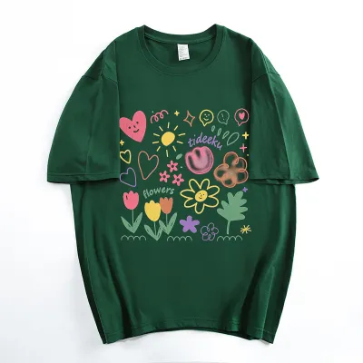 Summer Women's Cartoon Flower Graffiti Print Loose Fit Cotton Crewneck Short Sleeve T-Shirt