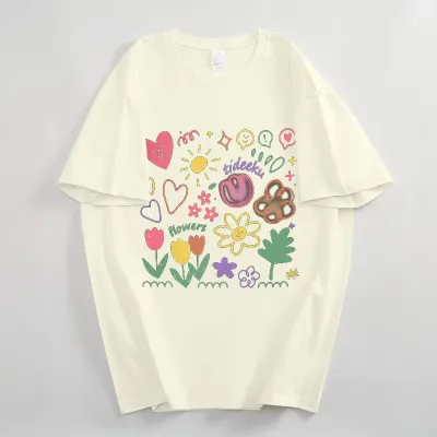 Summer Women's Cartoon Flower Graffiti Print Loose Fit Cotton Crewneck Short Sleeve T-Shirt