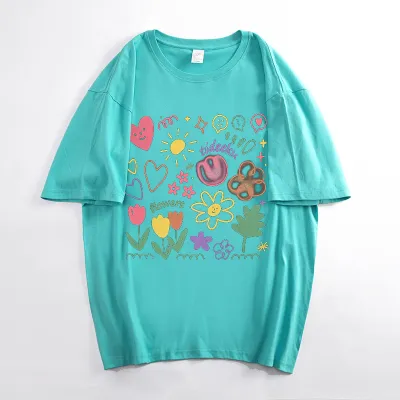 Summer Women's Cartoon Flower Graffiti Print Loose Fit Cotton Crewneck Short Sleeve T-Shirt