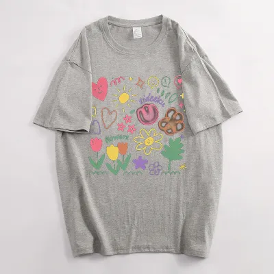 Summer Women's Cartoon Flower Graffiti Print Loose Fit Cotton Crewneck Short Sleeve T-Shirt