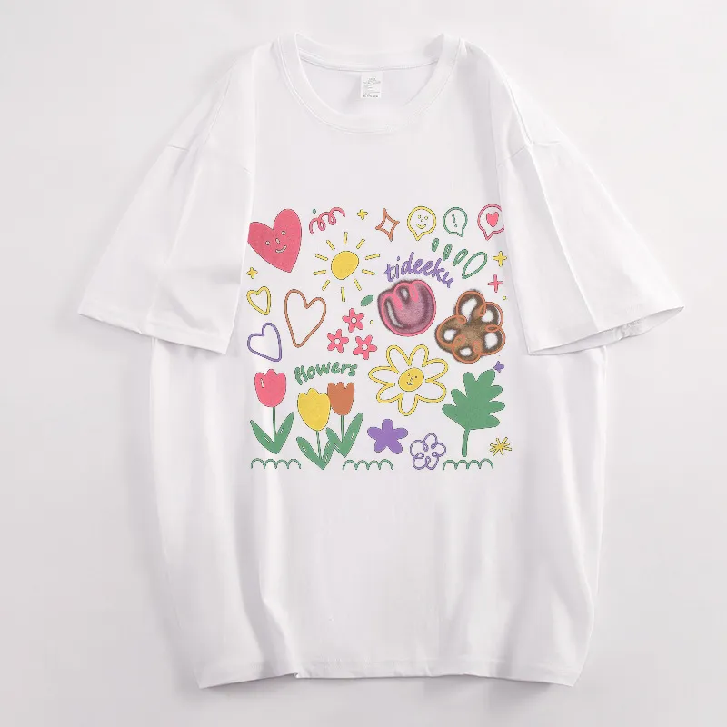 Summer Women's Cartoon Flower Graffiti Print Loose Fit Cotton Crewneck Short Sleeve T-Shirt