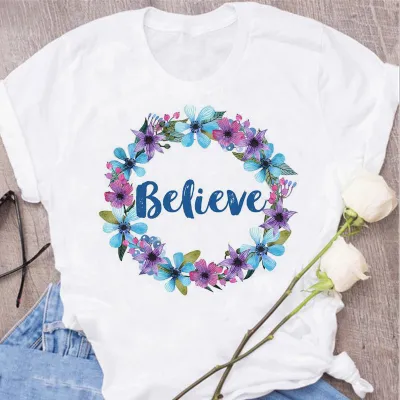 Women Fashion Love Letter Floral Print Round Neck Short Sleeve T-Shirt
