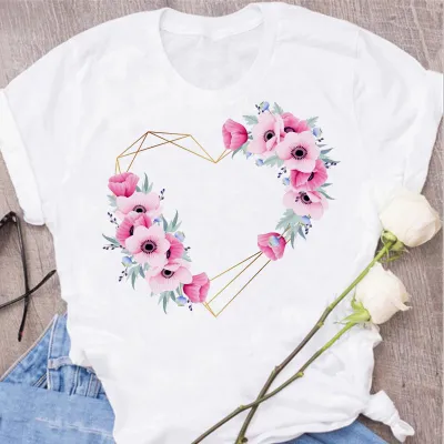 Women Fashion Love Letter Floral Print Round Neck Short Sleeve T-Shirt