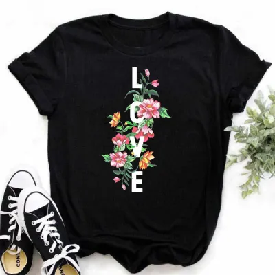 Women Fashion Love Letter Floral Print Round Neck Short Sleeve T-Shirt
