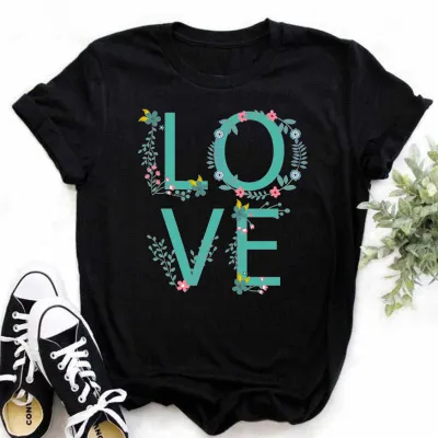 Women Fashion Love Letter Floral Print Round Neck Short Sleeve T-Shirt