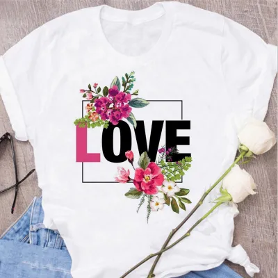 Women Fashion Love Letter Floral Print Round Neck Short Sleeve T-Shirt