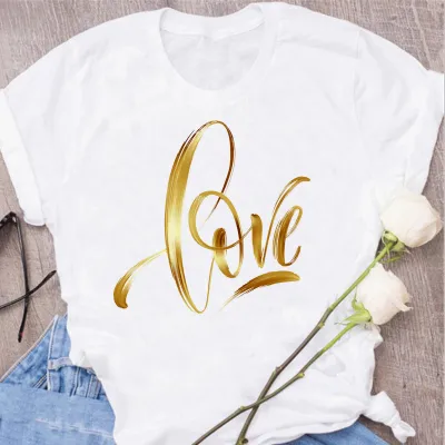 Women Fashion Love Letter Floral Print Round Neck Short Sleeve T-Shirt