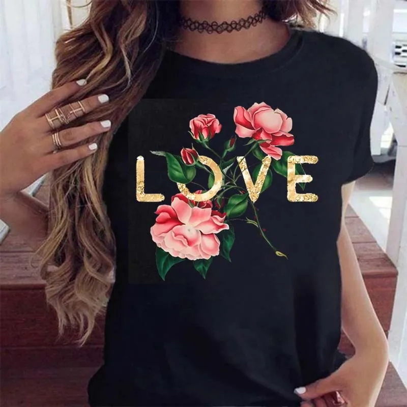 Women Fashion Love Letter Floral Print Round Neck Short Sleeve T-Shirt