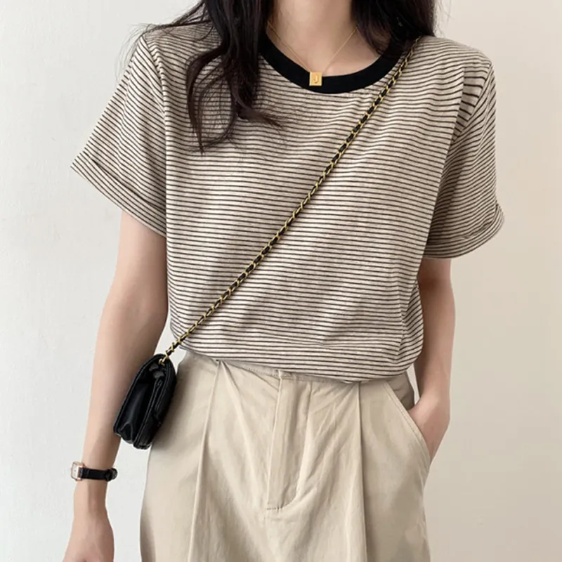 Summer Women Casual Stripe Round Neck Short Sleeve T-Shirt