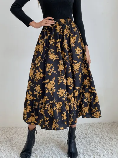 Women Fashion Leopard Floral Print High Waist A-Line Skirt