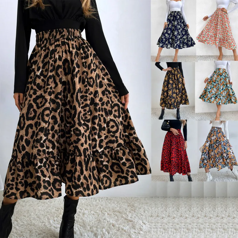 Women Fashion Leopard Floral Print High Waist A-Line Skirt