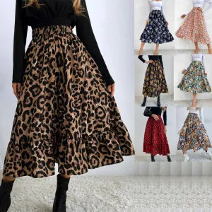 Women Fashion Leopard Floral Print High Waist A-Line Skirt