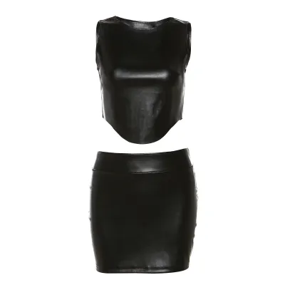 Summer Women Fashion Sexy PU Sleeveless Crop Top Skirt Two-Piece Set