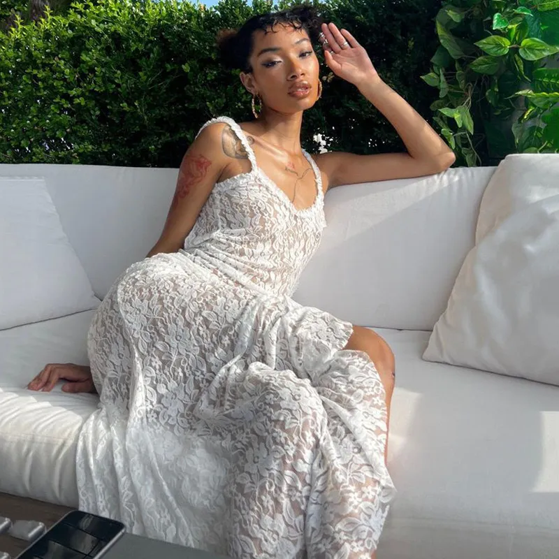 Women Fashion Sexy Halter Lace Perspective Split Dress