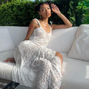 Women Fashion Sexy Halter Lace Perspective Split Dress