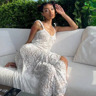 Women Fashion Sexy Halter Lace Perspective Split Dress