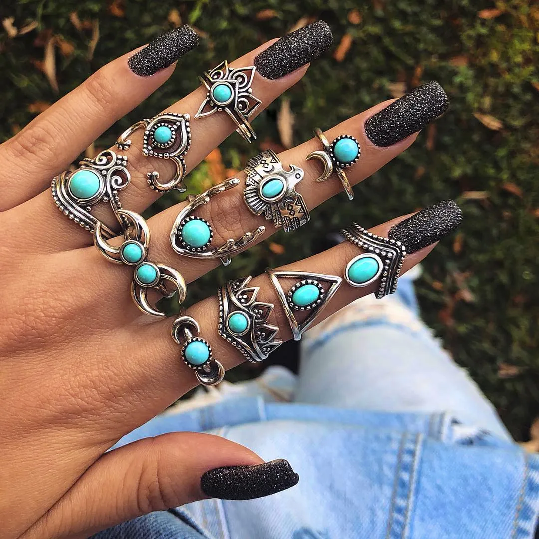 Women Fashion Turquoise Crescent Owl Alloy Ring Set Of 11