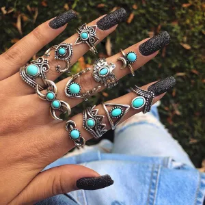 Women Fashion Turquoise Crescent Owl Alloy Ring Set Of 11