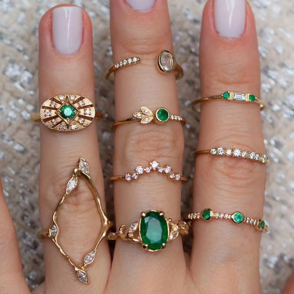 Women's Fashion Emerald Rhinestone Ring Set 9 Pieces