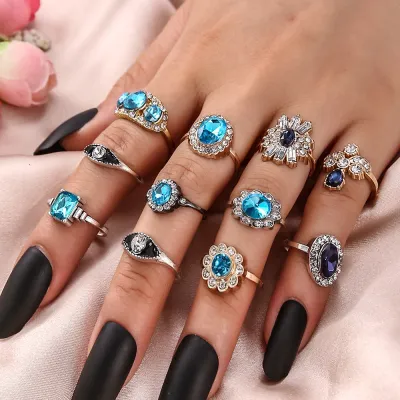 Women Fashion Blue Black Joint Alloy Ring Set