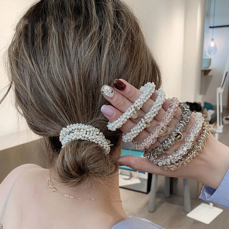 Women Fashion Simple Pearl Crystal Hair Rope High Elasticity Sweet