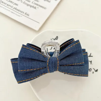 Women Vintage Denim Fabric Bow Hair Claws Retro Grip Hair Clip
