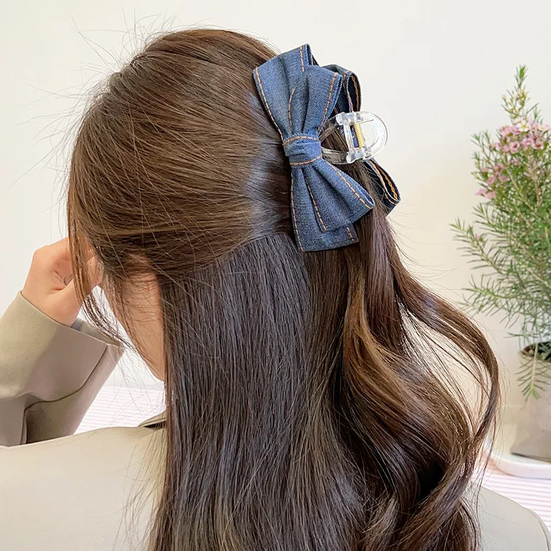 Women Vintage Denim Fabric Bow Hair Claws Retro Grip Hair Clip