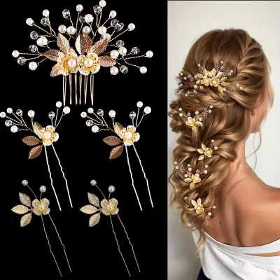 Women Fashion Pearl Floral Hair Fork 5-Set