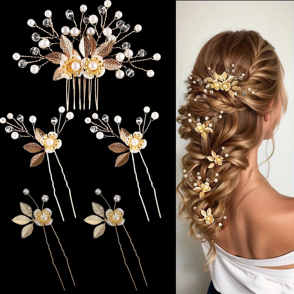 Women Fashion Pearl Floral Hair Fork 5-Set