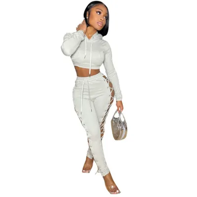 Women's Solid Color Long Sleeve Hooded Sweat Pants Set with Side Hollow-Out Eyelet Strap