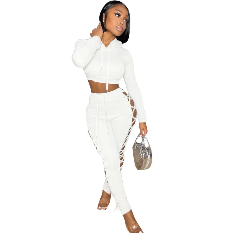 Women's Solid Color Long Sleeve Hooded Sweat Pants Set with Side Hollow-Out Eyelet Strap