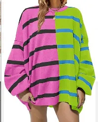 Women Fashion Color Block Stripe Round Neck Long Sleeve Pullover Sweatshirt