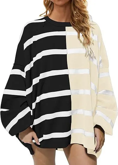 Women Fashion Color Block Stripe Round Neck Long Sleeve Pullover Sweatshirt