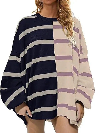 Women Fashion Color Block Stripe Round Neck Long Sleeve Pullover Sweatshirt