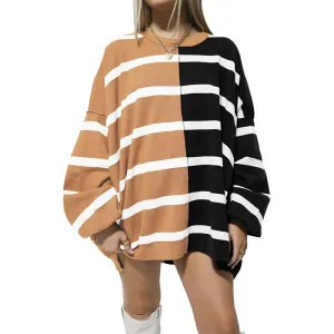 Women Fashion Color Block Stripe Round Neck Long Sleeve Pullover Sweatshirt