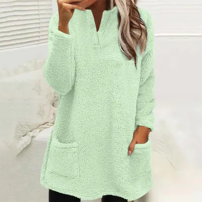 Autumn Winter Women Fashionable Double-Sided Fleece Loose Long Sleeve Pocket Warm Pullover Sweatshirt