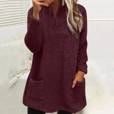 Autumn Winter Women Fashionable Double-Sided Fleece Loose Long Sleeve Pocket Warm Pullover Sweatshirt