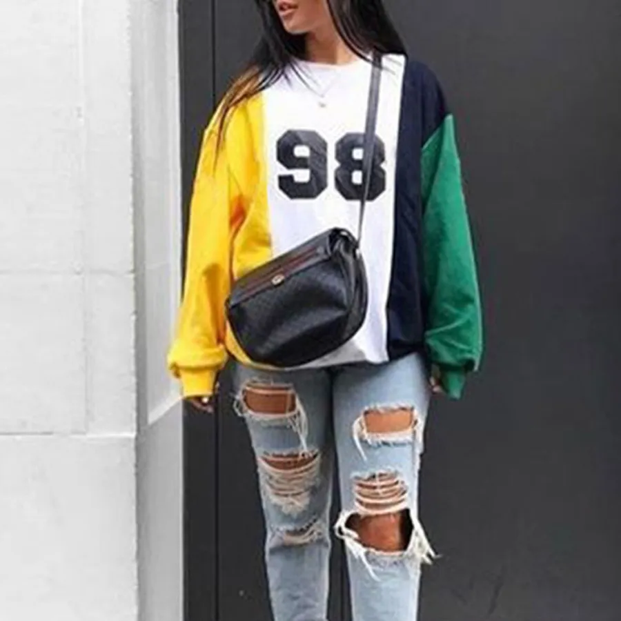 Women Color Block Digital Print Crewneck Long Sleeve Pullover Sweatshirt