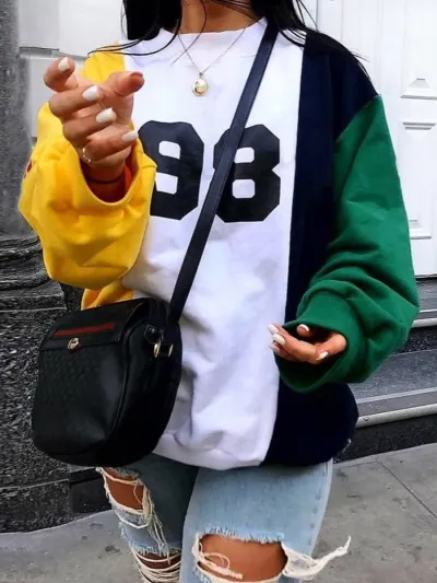 Women Color Block Digital Print Crewneck Long Sleeve Pullover Sweatshirt