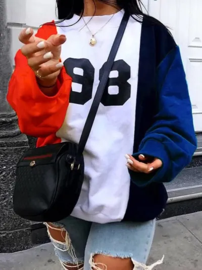 Women Color Block Digital Print Crewneck Long Sleeve Pullover Sweatshirt