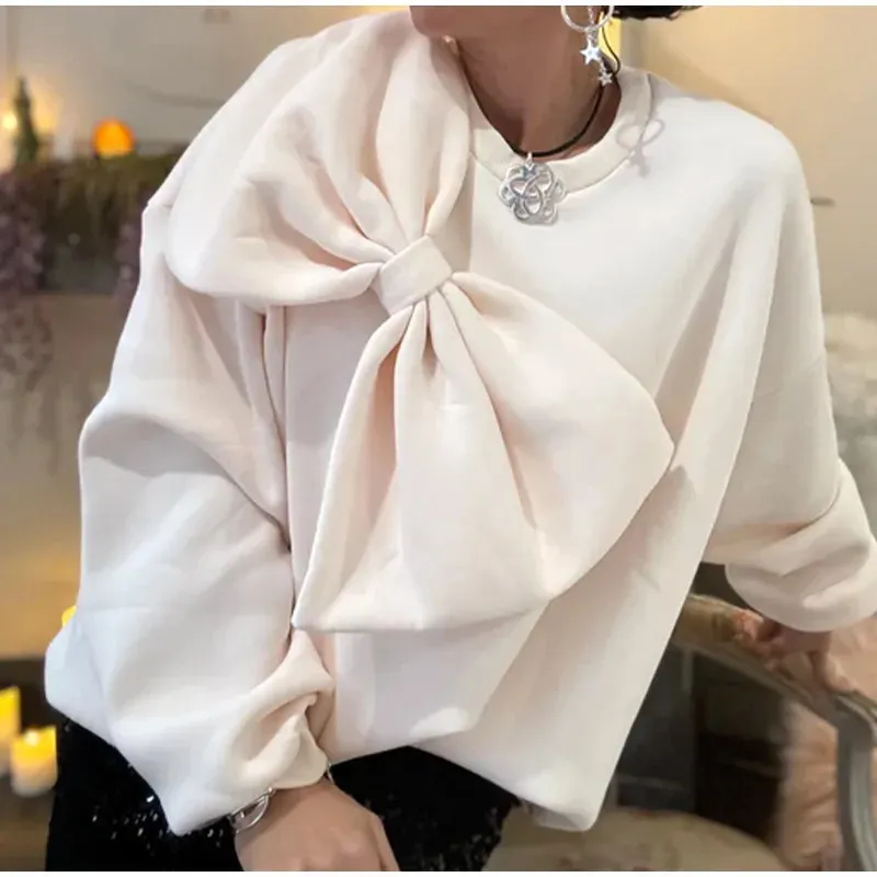 Summer Women Bow Round Neck Long Sleeve Pullover Sweatshirt